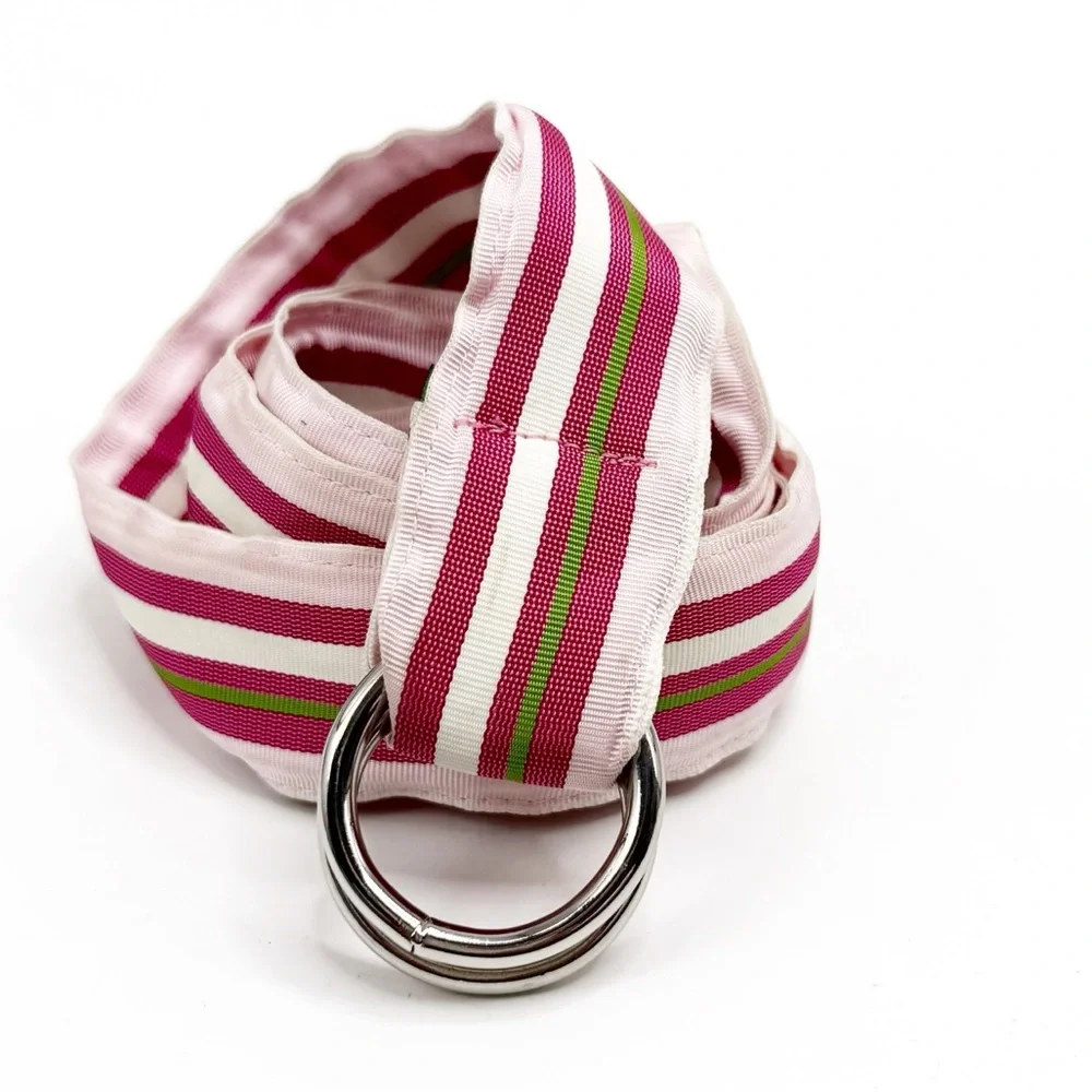 CK Bradley Pinks and Green Striped Ribbon Belt with Silver Buckle, Size Medium